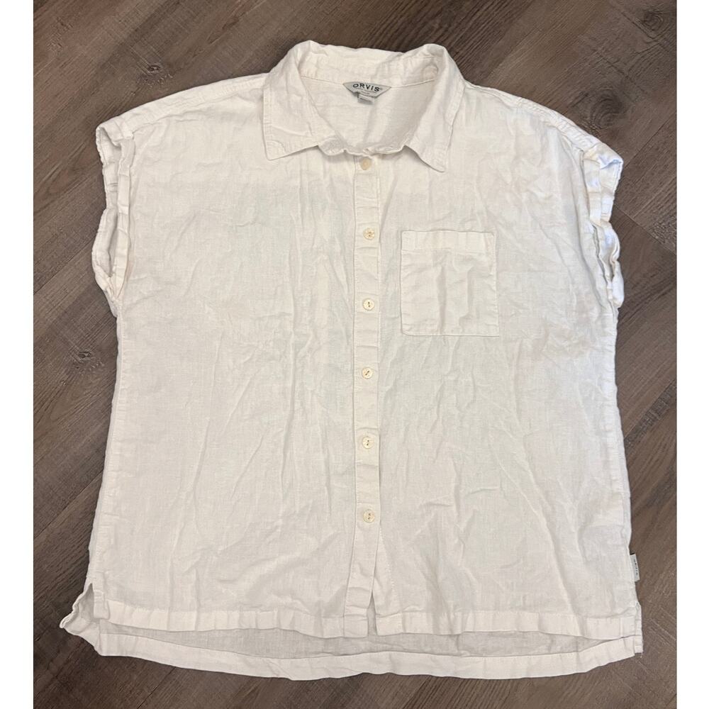 Orvis White Sleeveless Button Front Pocket Linen Blend Top